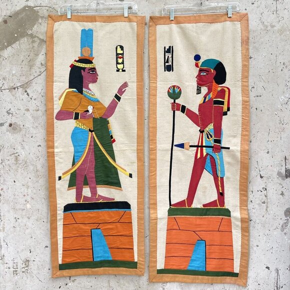 Set Of 2 1920’s Hand Sewn Egyptian Revival Appliqué Wall Panels Tapestry